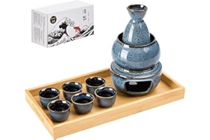 DUJUST 11 tlg. Japanisches Sake Set für 6 Personen, Ofengealterte Glasur Porzellan Sake Set, 6 Tassen, 1 Flasche, 1 Wärmer, 1 Kerzenständer, 1 Tablett & 1 Box, Warme Karaffe - Blau