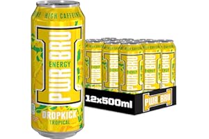 A G BARR PLC 𝐏𝐖𝐑-𝐁𝐑𝐔 DropKick Tropical 12 Pack Big Can Energy Drink with High Caffeine, Taurine and Vitamins - 12 x 500ml Cans