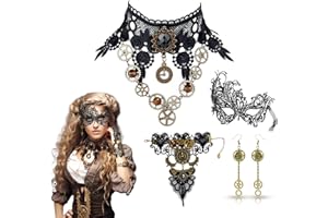 DIKARIYA Steampunk Accessoires Kostüm Damen, Zahnräder Steampunk Halskette Spitze Gotisch Choker Halskette Armbänder Steampunk Ohrringe Gothic Mädchen Halloween Karneval Retro Kostüm Zubehör Frauen