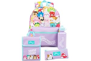 Squishmallows Girls Backpack | Zestaw 4 elementowy z plecakiem, torbą na lunch, butelką na wodę i piórnikem | Fioletowy wzór Squishmallows dla miłośników pluszaków | Akcesoria dla zorganizowanych