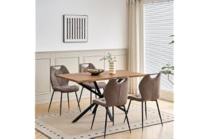 DEYARNA HOME Matsalsset med bord och stolar – 140 cm rektangulärt matbord med 4 vadderade matstolar, i linneutseende med handtag (mörkt trä + 4 x stolar (brun))