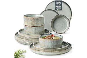 GBhome Stoneware Dinner Sets for 4 People, 12 Pieces Reactive Glaze Handcrafted Plates and Bowls Set, Scratch Resistant Dinnerware Set, Dishwasher & Microwave Safe Crockery Set, Desret Sage