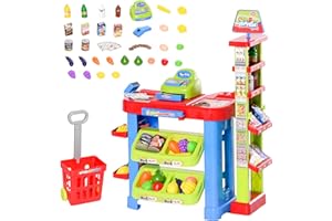 HOMCOM Jeu d'imitation commerçant Jeu de la marchande Caddie + Caisse enregistreuse et 45 Accessoires Inclus Effets Lumineux sonores