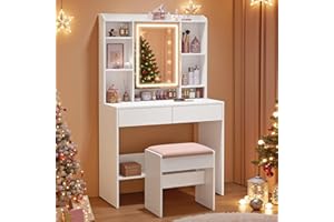 VASAGLE KAILYN Collection - Dressing Table with LED Lights, 3 Colours, Vanity Desk with Mirror, Vanity Table with 2 Drawers, Makeup Desk, Modern, White RDT123W01