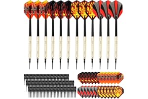 KIKIGOAL 12 Pieces Soft Tip Darts With 24 Pieces Tails And 100 Pieces Plastic Tips, Safety Plastic Flame Pattern Kids Darts