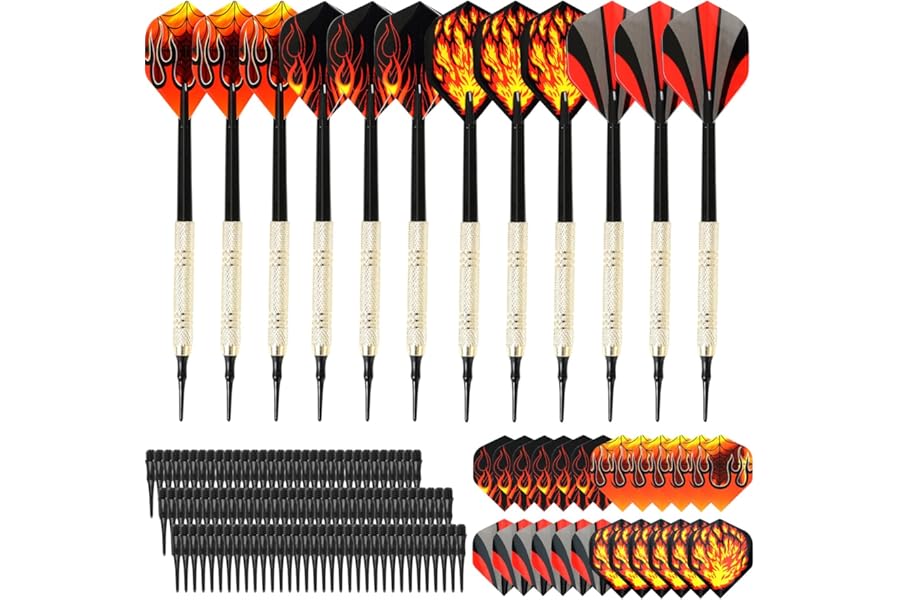 KIKIGOAL 12 Pieces Soft Tip Darts With 24 Pieces Tails And 100 Pieces Plastic Tips, Safety Plastic Flame Pattern Kids Darts