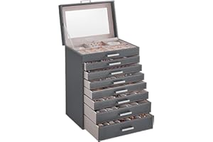 SONGMICS Caja Joyero de 8 Niveles, Caja para Joyas con Espejo, 7 Cajones, Gran Capacidad, Almacenamiento de Joyas, Estilo Moderno, Regalo para Seres Queridos, Gris Pizarra JBC008G02