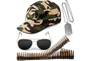 REDSTAR FANCY DRESS 4pc Army Fancy Dress Accessories Set - Halloween Army Costume Accessories with Camo Hat, Bullet Belt, Aviator Sunglasses and Dog Tag Necklace - Soldier Costume for Stag Do Outfit or Adult Fancy Dress
