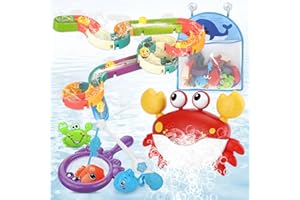 KONIJIWA Juguetes Bañera Bebe Juguetes baño Cangrejo Máquina de Burbujas con Música,Toboganes Acuáticos,Baño con Juegos de Pesca,Juguetes sensoriales Flotantes,Redes para Bañeras,Set de Juguetes para Piscina