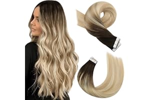 Moresoo Extension Capelli Veri Biadesivo Balayage Extension Adesive Capelli Veri Castano Scuro a Biondo Cavallino con Biondo Candeggino #2/27/613 60 cm 20 Pezzi 50g