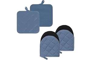 BUUMIN Oven Mitts and Pot Holders Set of 4, 500F Heat Resistant Oven Gloves, Silicone Kitchen Mini Oven Mittens, Non-Slip Grip Surfaces and Hanging Loop Gloves, for Grilling, Cooking, Baking, Barbecue