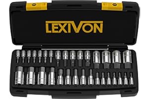 LEXIVON Set Complet de 32 Douilles à 6 pans intérieurs, mâles | métriques taille de 2mm à 19mm | SAE Impériales taille de 5/64’’ à 3/4’’, Jeu de hex douilles à embouts, entraînement 1/4" 3/8" 1/2" (LX-144)