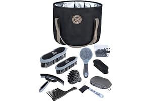 Harrison Howard Kit per la toelettatura dei cavalli, 9 pezzi, serie Equine Care, set di spazzole per cavalli con borsa organizer nera