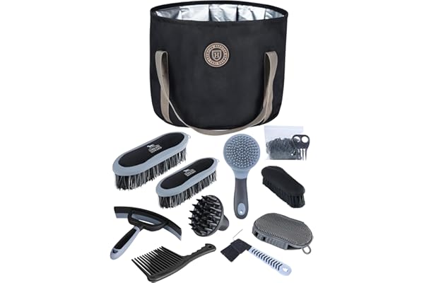 Harrison Howard Kit de toilettage pour chevaux 9 pièces Equine Care Series Ensemble de brosses pour chevaux avec sac fourre-tout organiseur Noir