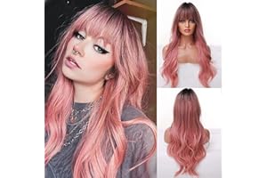 EMMOR Perruque longue rose pour femme - Perruques ondulées de vague synthétique de cheveux bouclés naturels avec frange