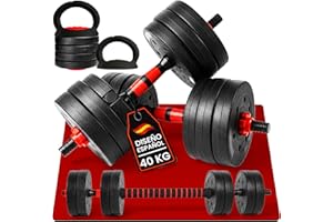 unycos - Mancuernas Ajustables【Discos de Cemento | 10-40 kg】con Barra Recta de Conexión | Pesas Ergonómicas para Hombres y Mujeres, Gimnasio en Casa, Fitness (Red/Orange Transformer)