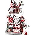 KAHEIGN Buffalo Plaid Christmas Tiered Tray Decorations Set, 25CM Gnomes Plush with 2 Wooden Signs, 2 Mini Trees, 6 Stocking, Mug and 57CM Bead Garland - for Christmas Home Table Fireplace Decoration