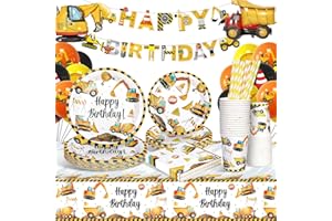 yosiio Bagger Baustelle Partygeschirr Kindergeburtstag, 16 Gäste Pappteller Geburtstag Deko, Bagger Luftballons Pappteller Pappbecher Bagger Servietten Tischdecke für Kindergeburtstag Deko Jungen