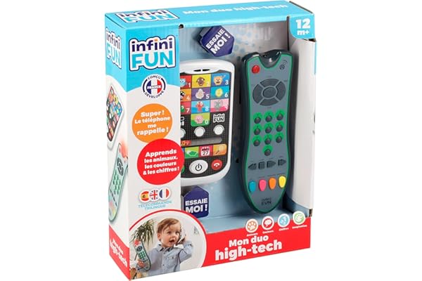 Infini Fun - Mon Duo High-Tech téléphone + télécommande - 1 télécommande trilingue Français/Anglais/Espagnol & 1 téléphone Ultra réalistes ! - Jouets d'imitation Multi-apprentissages dès 12 Mois