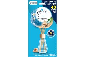 Glade Reed Diffuser Aqua Voyage, Sea Salt & Island Flowers, 100ml | Flame-free reed diffuser fills your home with elegant Aqua Voyage fragrance using essential oils, long-lasting ambiance