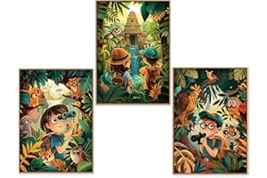 GrowArt - Poster A3 encadré de qualité supérieure : l'aventure d'un enfant dans la jungle féerique - une merveilleuse décoration pour la chambre d'enfant, cadeau pour les plus jeunes explorateurs