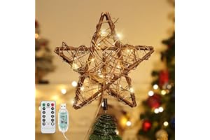 Lewondr Estrella de Copa del Árbol Decorativa, Lampara Árbol Navidad Morava de Ratán Vintage a Pilas, Estrella del Árbol de Navidad para Decoración Festival Hogar Dormitorio, Color de Madera