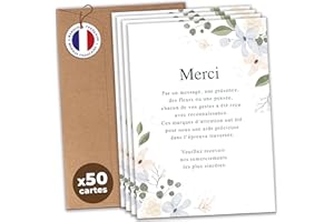 aliceandberry Cartes Remerciement Deuil Décès Obsèques Enterrement - Lot 25/50/75 + Enveloppes - Papier 400g - Design Sobre Élégant Fleurs Bougie Étoile - Marque Française (Lot de 50, Fleurs)