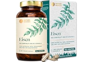 ‎NATURE BASICS Nature Basics natürliches Eisen zertifiziert & nachhaltig im Glas | 180 Kapseln hochdosiert | 14mg Eisen & 80mg Vitamin C pro Kapsel | rein aus Curryblatt & Hagebutte | ohne Zusatzstoffe & aus DE