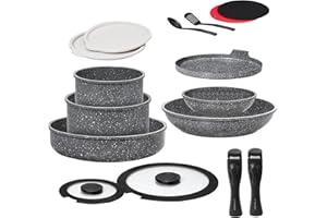 ESEVOLO Batterie de cuisine 16 pièces induction, Lot de Casseroles et Poêles avec poignées amovibles, Empilable, Revêtement Antiadhésif en Céramique sans PFAS, avec Crêpiere et Sauteuse, Gris
