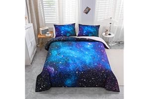 Loussiesd Galaxy Bedding Set Super King Copripiumone per ragazze e ragazzi e ragazzi,con motivo galassia stelle nello spazio,motivo: pianeti astronomici celesti,blu,viola