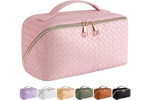 SFXULIX Kosmetyczka podróżna o dużej pojemności – torba na przybory do makijażu, wodoodporna kosmetyczka ze skóry PU, damska przenośna podróżna kosmetyczka z uchwytem i przegrodą, płaska torba do