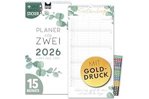 ‎SPIELEFABRIK Couples Planner 2026 3 Columns Eucalypt Gold Planner for Two 2026 Stickers Recycled Holiday Partner Calendar 2026 16 x 32.5 cm Includes Oct-Dec 2025 Wall Planner Pair 2 People, Plant Calendar Flower