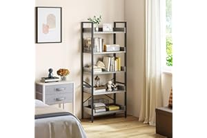 YITAHOME Estantería de 5 Niveles, Librería de pie para Libros, Estante de Madera y Marco de Acero Estable, con 4 Ganchos, Estante de Almacenamiento Industrial para Sala de Estar, Gris