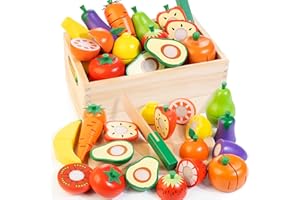 WOODMAM Wooden Play Food for Toddlers, Velcro Fruit and Veggies Cutting Set for Kids, Pretend Food Play Kitchen Accessories for 3 4 5 6 7 Years Old Boys & Girls