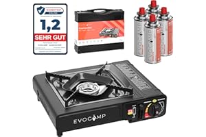 EVOCAMP MSF-1a Réchaud à gaz 1 feu avec cartouches de gaz 227 g 4 pièces MSF-1a avec mallette de transport – Idéal pour les activités de plein air comme le camping ou la randonnée