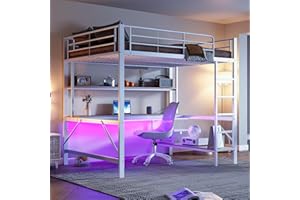 WYIBWY Letto a soppalco per bambini 140 x 200 cm,letto a castello matrimoniale 140x200 in metallo con prese USB e elettriche, con illuminazione a LED,scrivania,con sponde e scaletta,diversi ripiani,bianco