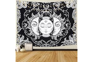 LOMOHOO Tarot-Wandteppich Sonne und Mond Psychedelische Tapisserie Schwarz Himmlisch Wandbehang Wandteppiche indisch Mandala Bohemien Hippie Strand werfen XL175cmx230cm)