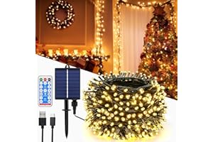 MOLVCE Solarny łańcuch świetlny na zewnątrz, 10 m, 100 diod LED, solarny z pilotem zdalnego sterowania, 8 trybów, timer, kabel USB, możliwość ściemniania, solarny łańcuch świetlny odporny na warunki