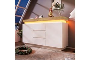 Jaxenor High Gloss Sideboard with LED Lights, App-Controlled Cabinet with 2 Doors 3 Drawers, Modern Storage Unit for Living Room, Bedroom, Dining Room