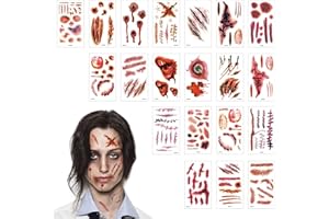 TAZEMAT Halloween Tatuajes Temporales 20 Hojas Tatuaje Cicatrices Herida Sangre Pegatinas Zombie Vampiro Maquillaje Horror para Fiesta de Disfraz Cosplay Mujeres Hombres Niños Múltiple Patrón