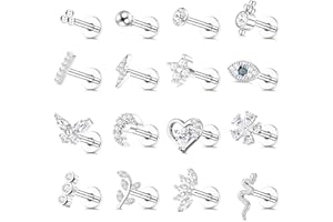 JeweBella 16 szt., 16 g, kolczyki na sztyfcie, tragus, dla kobiet, mężczyzn, stal chirurgiczna, wewnętrznie gwintowane, cyrkonia, księżyc, serce, złe oko, płaski tył, nos, labret Monroe, Meduza,