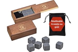 WOMA Set de Pierres à Whisky I 6 glaçons en Basalte avec Sac en Velours & boîte en Bois de Haute qualité I Glaçons réutilisables pour Whiskey Vodka gin Rhum Tequila & Cocktails