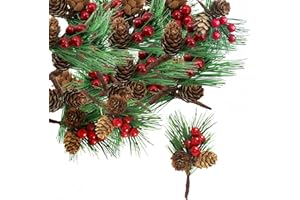 AISSZHAO 10P Fake Christmas Holly Sprigs Artificial Pine Picks with Red Berry Natural Pine Cones,Christmas Pines Needles Holly Berry Stems Decor,Xmas Foliage Berries Holly Bouquets Craft Flower Wreath Decor