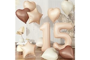 GOVPY Luftballons 15 Beige, XXL Nude 15. Geburtstag Ballon Deko, Braun Cremeweiß Zahl 15 Ballon Kaffee Aprikose Stern Folienballon Neutraler Herz Luftballons für Frau Hochzeit Valentinstag Party Dekoration