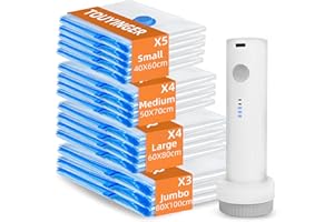 TOUYINGER Vakuumbeutel für Kleidung mit Kabelloser Pumpe, 16 Stück (5x 40x60cm, 4x 50x70cm, 4x 60x80cm, 3x 80x100cm), Platzsparend Vakuumbeutel für Reisen, Umzug, Bettdecken Kleidung Aufbewahrung
