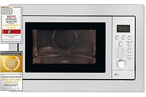 Exquisit® Microondas Combi de Encastre con Marco, 25L, 900W, Grill 1100W, 10 Niveles de Potencia en Función Convección, Acabado Acero Inox, Display Digital, Plato 31,5Cm, Medidas 38,2x59,5x1,9 Cm.