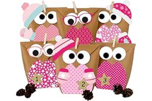 Papierdrachen DIY Adventskalender zum Befüllen - Weihnachtseulen - Eulen Weihnachten - Set Rosa mit zusätzlichen Aufklebern - zum selbst basteln - für Mädchen oder die Freundin