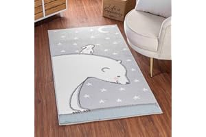 Surya Polar Bear Kids Rug - Grey & White - Animal & Moon Nighttime Design Childrens Rugs for Bedroom, Nursery or Playroom Carpets - Baby Bedroom Accessories for Boys & Girls, 120x170cm