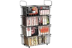 UMDONX 4 Pack Chest Freezer Baskets Organiser - Stackable Kitchen Storage Boxes for 198L Deep, with Fold down Handle, Pantry Wire Shelf Bins Frozen Goods Sort, Durable Metal Black