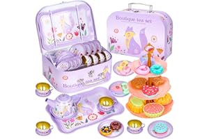 Hovetne 33 PCS Tea Set for Toddlers, Kids Tea Party Pretend Play Toy with Dessert Toy, Plates, Teapot, Tea Cups & Carrying Case, Childrens Tin Play Tea Set for Girls Aged 3 4 5 6 7 8, Fox